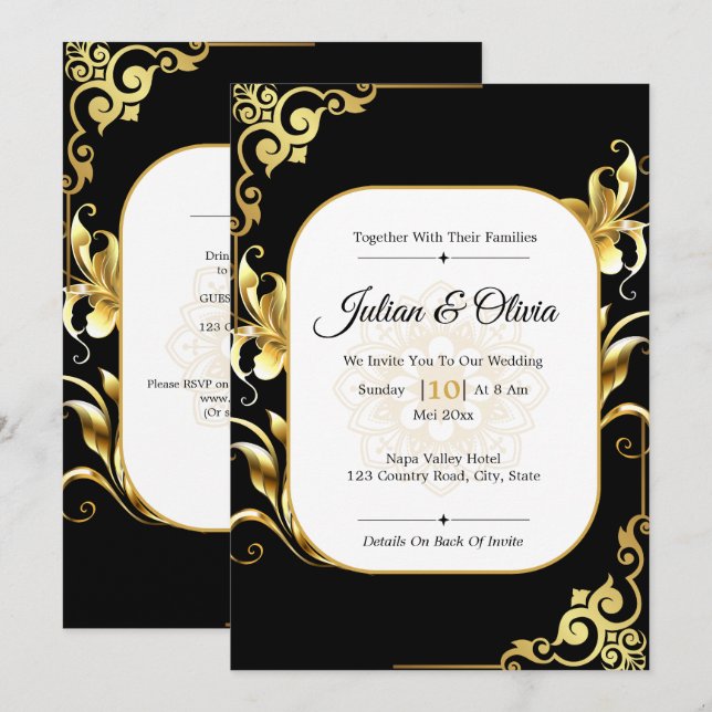 Convites Casamento Real de Luxo Preto e Dourado (Frente/Verso)