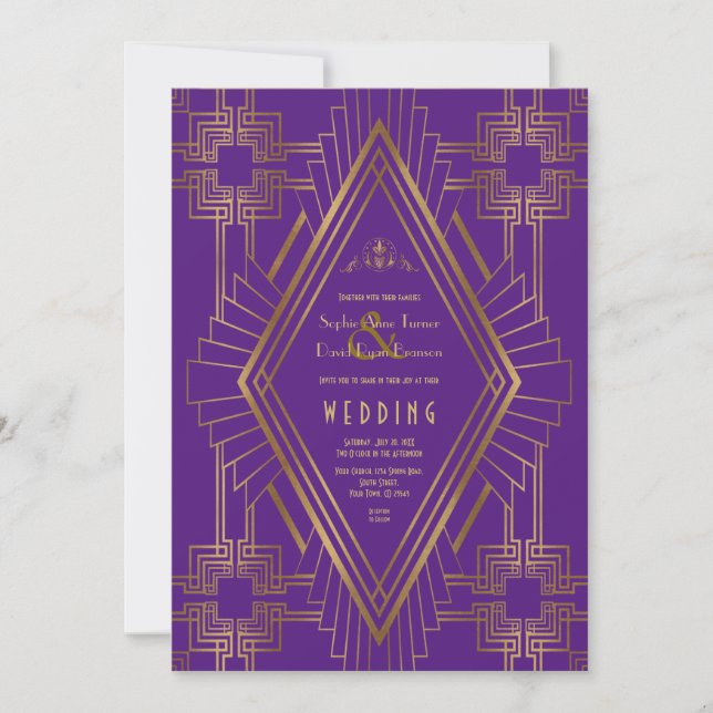 Convites Casamento Real do Excelente Dourado Roxo Gatsby (Frente)