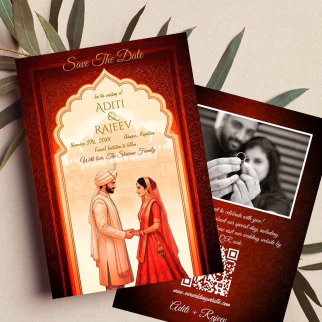 Convites Casamento Real Do Palácio Indiano Salva A Data QR  (Royal Indian Wedding Save The Date with Couple Image and QR Code in the backside.)