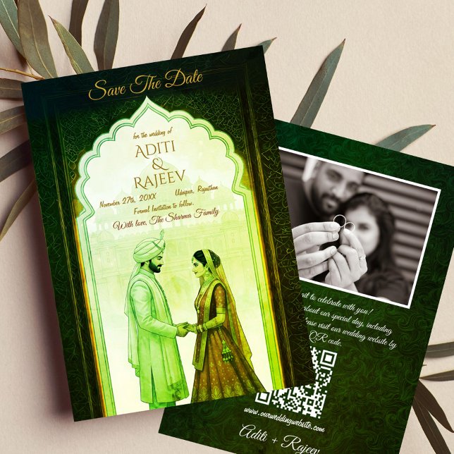 Convites Casamento Real Do Palácio Indiano Salva A Data QR  (Royal Indian Wedding Save The Date with Couple Image and QR Code in the backside.)