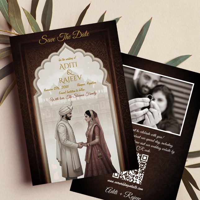 Convites Casamento Real Do Palácio Indiano Salva A Data QR  (Royal Indian Wedding Save The Date with Couple Image and QR Code in the backside.)