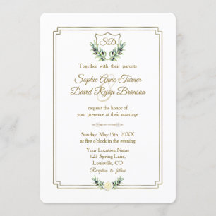 Convites Casamento Real Dourado Crest Lush Greenery