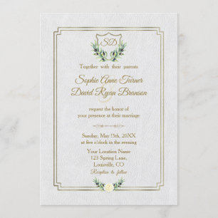 Convites Casamento Real Dourado Crest Lush Greenery Monogra