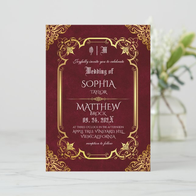 Convites Casamento Real Dourado da Borgonha Medieval (Em pé/Frente)