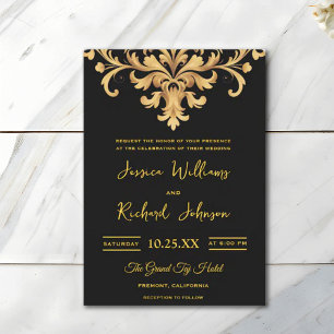 Convites Casamento Real Dourado Damask Watercolor