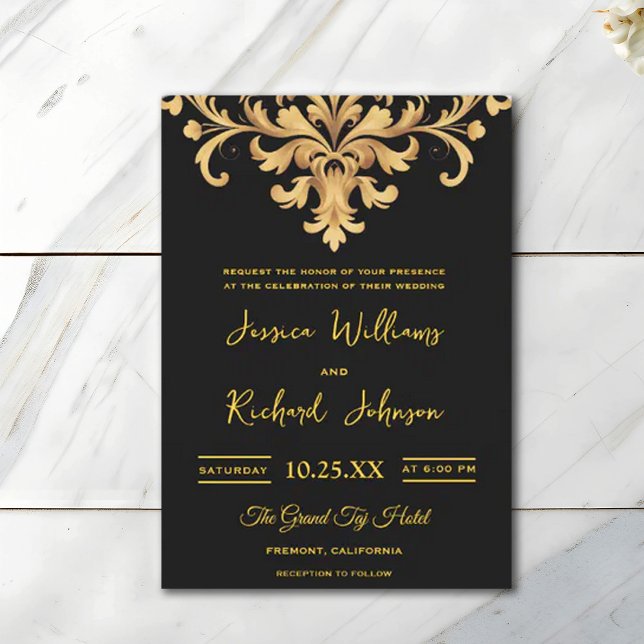Convites Casamento Real Dourado Damask Watercolor (Criador carregado)
