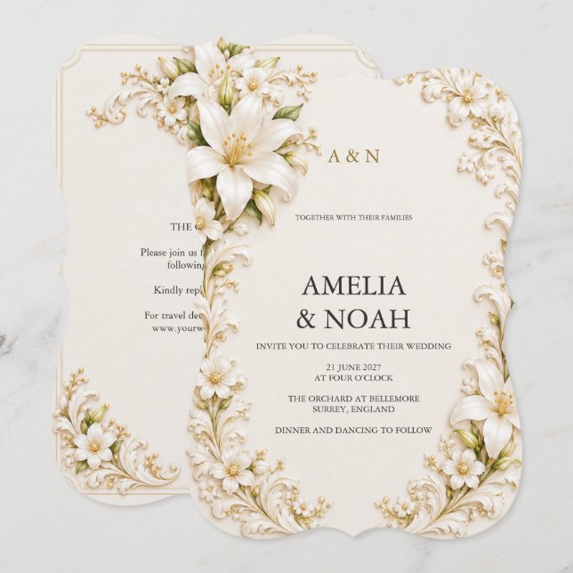 Convites Casamento Real Lírio de Marfim (Frente/Verso)