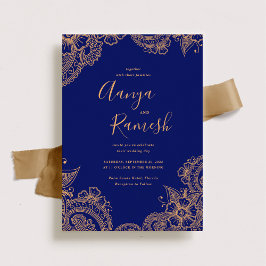 Convites Casamento Real Tradicional Azul e Dourado Mehndi