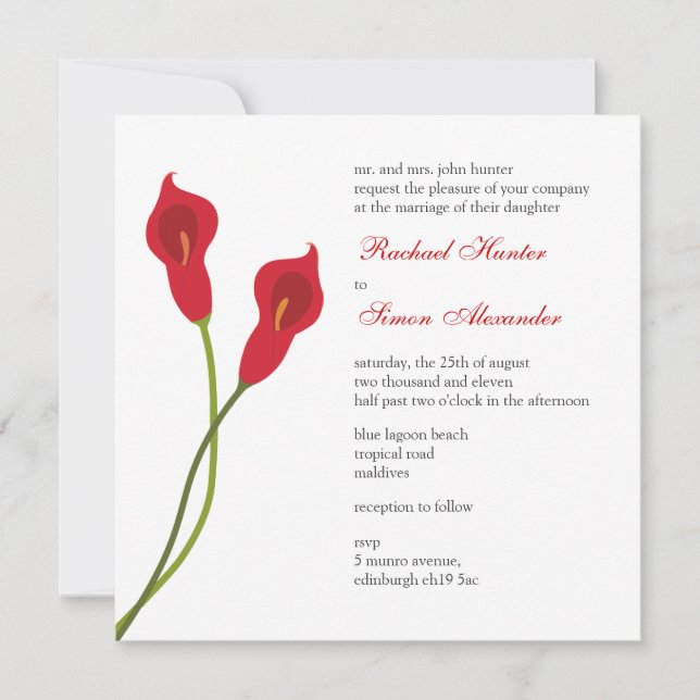 Convites Casamento Red Calla Lily (Frente)