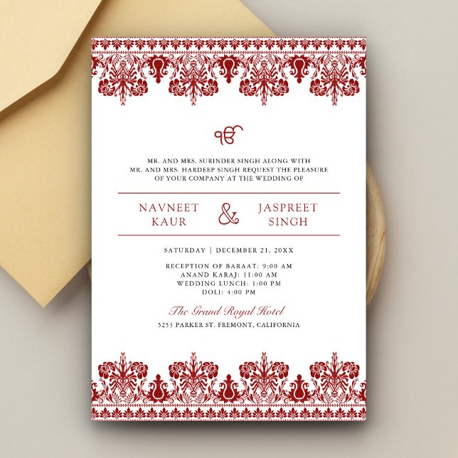 Convites Casamento Red Damask Border Anand Karaj Sikh (Criador carregado)