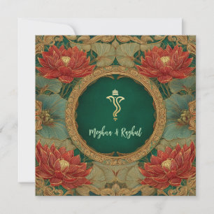 Convites Casamento Red Dourado Lotus Green Indian Ganesh