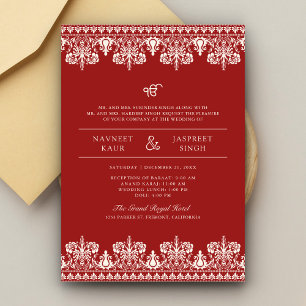 Convites Casamento Red Ivory Damask Border Anand Karaj Sikh