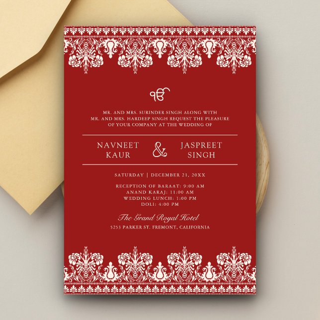 Convites Casamento Red Ivory Damask Border Anand Karaj Sikh (Criador carregado)