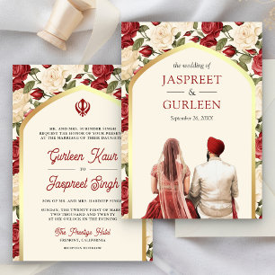 Convites Casamento Red Ivory Floral Punjabi Anand Karaj Sik