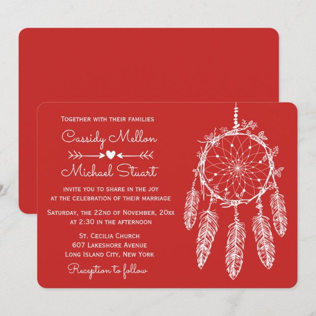 Convites Casamento Red Native American Dream Catcher Boho (Frente/Verso)