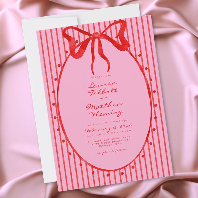 Convites Casamento Red Pink Aquarela Caprichosa com Laço e  (Whimsical Red Pink Watercolor Bow Stripe Wedding Invitation)