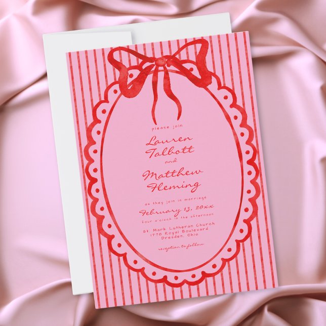 Convites Casamento Red Pink Aquarela Caprichosa com Laço e  (Whimsical Red Pink Watercolor Bow Stripe Wedding Invitation)