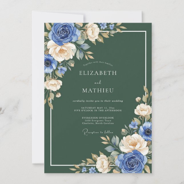 Convites Casamento Redemoinho Botânico Marfim Azul (Frente)
