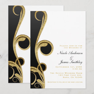 Convites Casamento Redemoinho Branco Preto Dourado Chic Ele