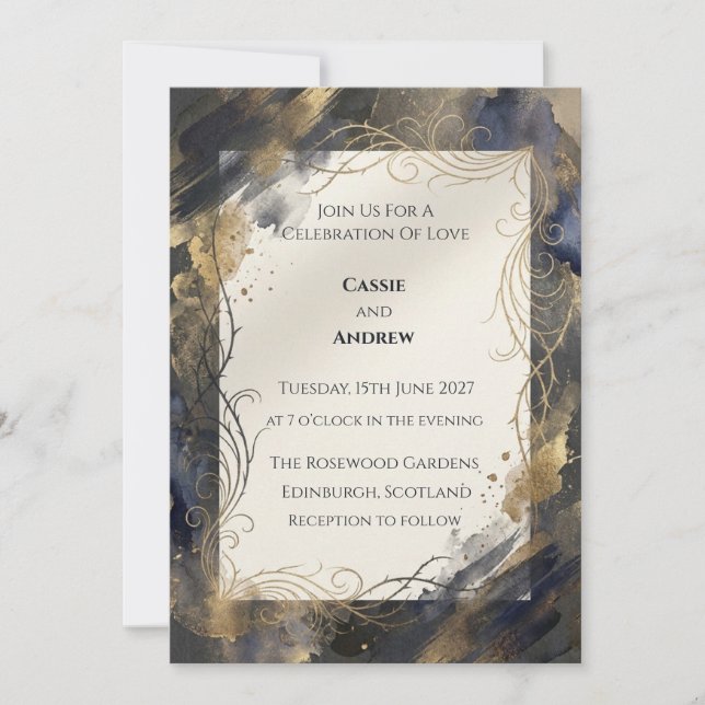 Convites Casamento Redemoinho de Aquarela Azul Marinho Dour (Frente)