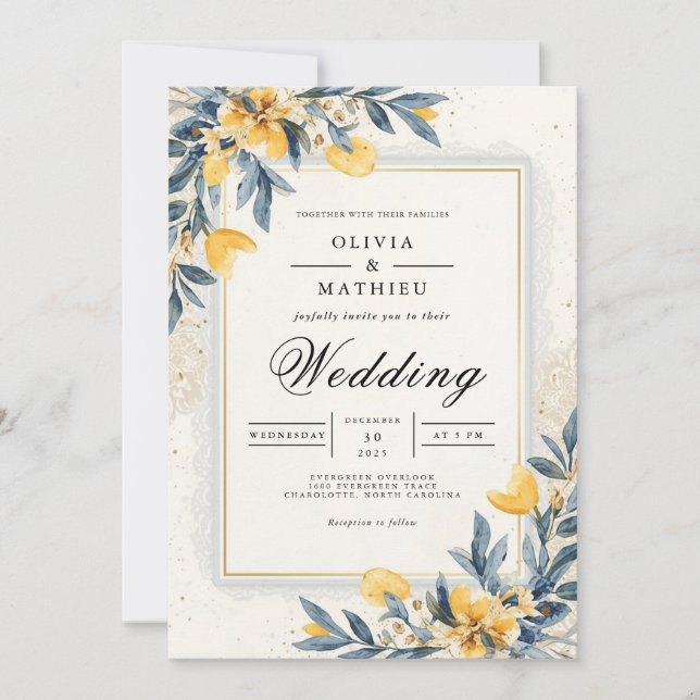 Convites Casamento Redemoinho Floral Ócre Dourado (Frente)