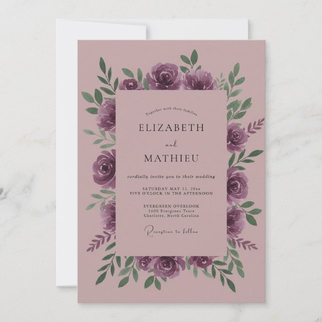 Convites Casamento Redemoinho Floral Romântico Malva (Frente)