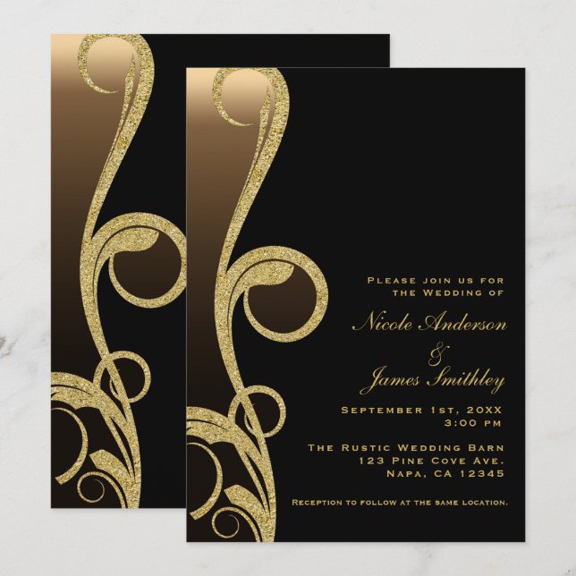 Convites Casamento Redemoinho Moderno Elegante Preto e Bron (Frente/Verso)