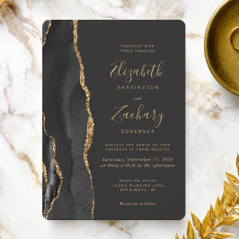 Convites Casamento Redondo Preto Dourado Moderno de Ágata