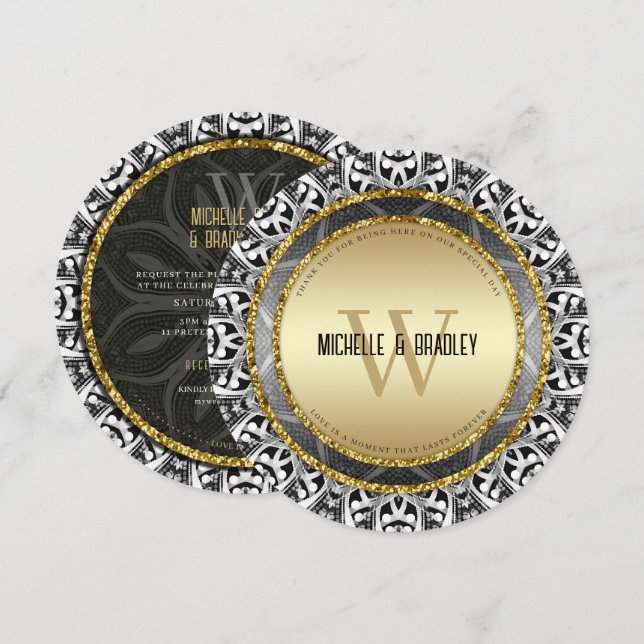 Convites Casamento Redondo Tribal Preto Branco & Ouro (Frente/Verso)