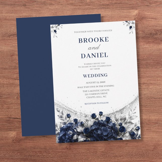 Convites Casamento Refined Navy Hydrangea Silver Shimmer (Criador carregado)