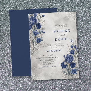 Convites Casamento Refined Navy Íris Freesia Brilho Prata