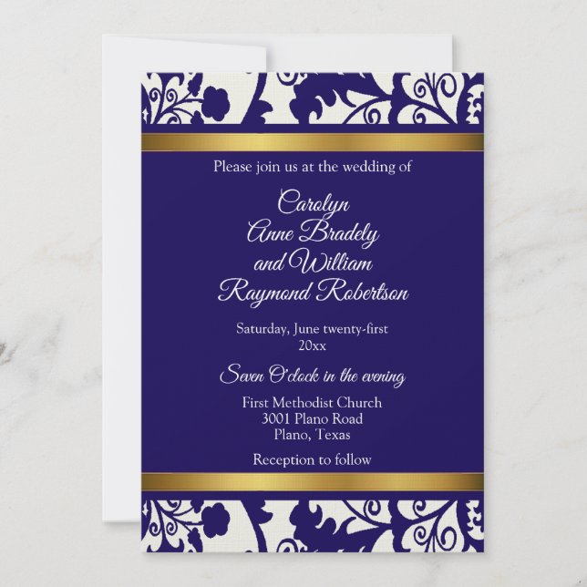 Convites Casamento Regency Blue Damask (Frente)