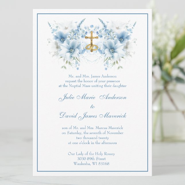 Convites Casamento Religioso Clássico Azul Floral Católico (Criador carregado)