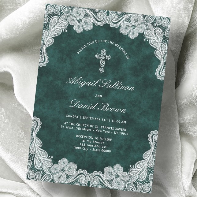 Convites Casamento Religioso de Lace Emerald Green Velvet (Criador carregado)