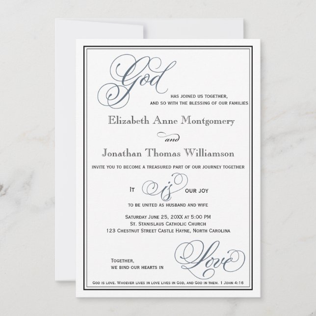 Convites Casamento Religioso de Script Formal Azul Slate (Frente)
