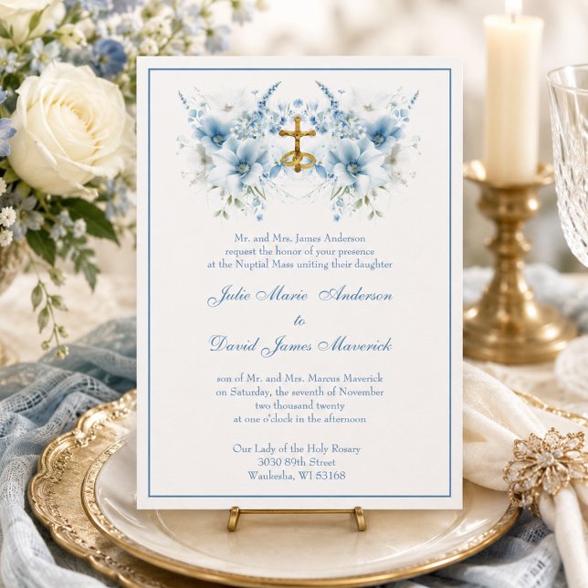 Convites Casamento Religioso Floral Azul Clássico Católico (Criador carregado)
