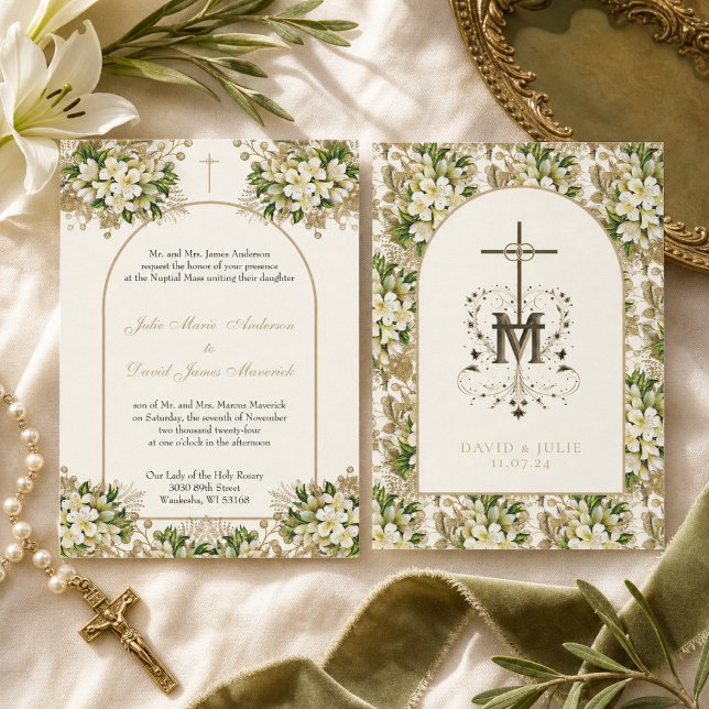 Convites Casamento Religioso Floral Católico Elegante (Criador carregado)