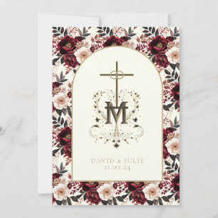 Convites Casamento Religioso Floral de Blush Vermelho Escur