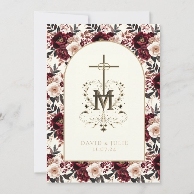 Convites Casamento Religioso Floral de Blush Vermelho Escur (Verso)