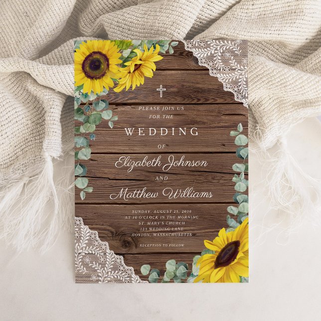 Convites Casamento Religioso Rústico de Girassóis com Renda (Religious Rustic Sunflower Lace Barn Wedding Invitation)