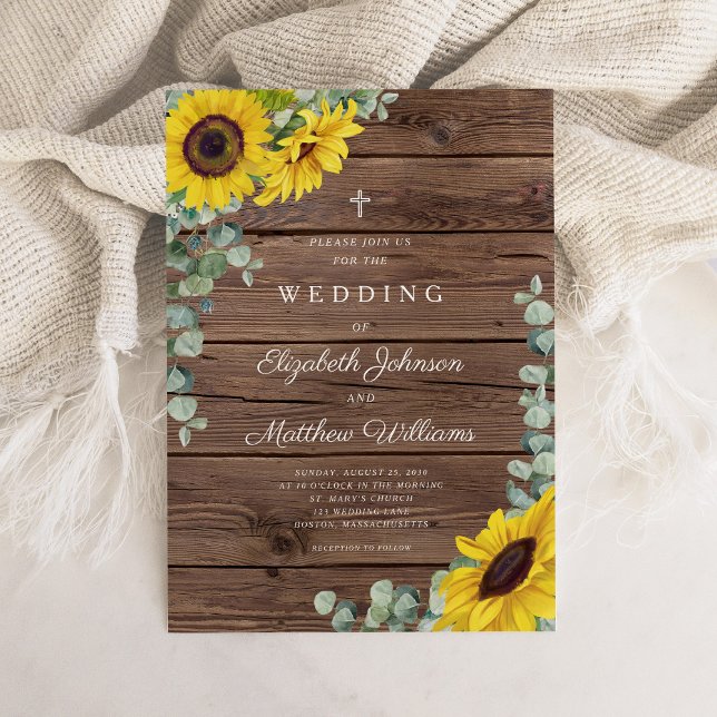Convites Casamento Religioso Rústico Floral de Girassóis em (Religious Rustic Sunflower Floral Barn Wedding Invitation)