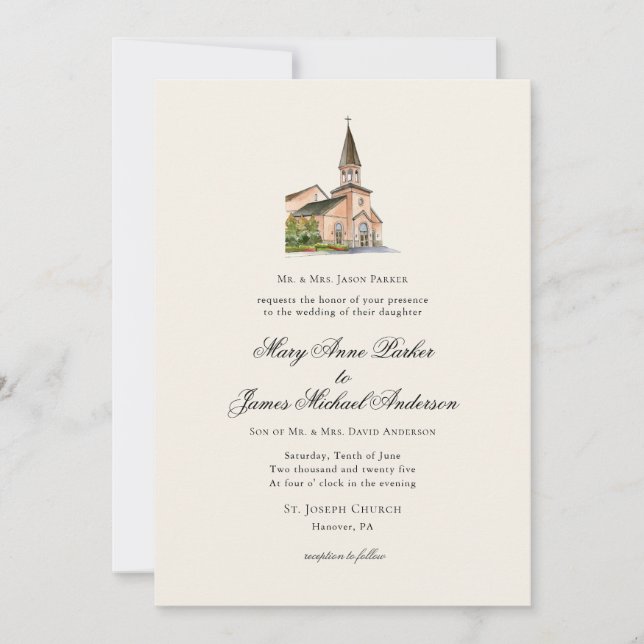 Convites Casamento Religioso Vintage Igreja Ecru (Frente)