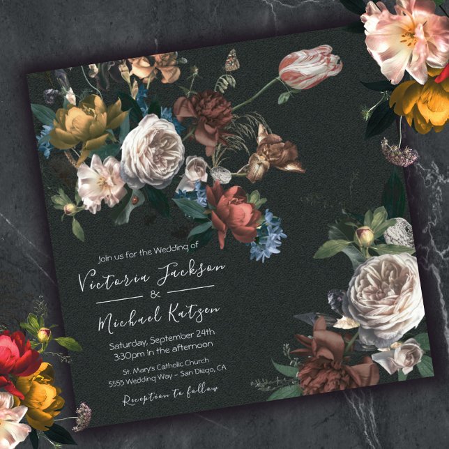 Convites Casamento Rembrandt Floral Dark & Moody Square (Criador carregado)