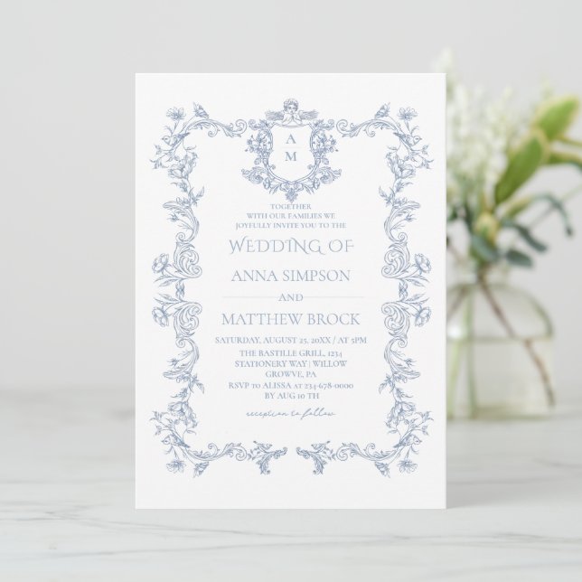 Convites Casamento Requintado Azul Empoeirado Francês  (Em pé/Frente)