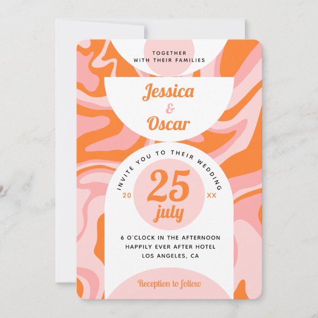 Convites Casamento Retro 70 Líquido Swirl Boho Rosa Laranja (Frente)