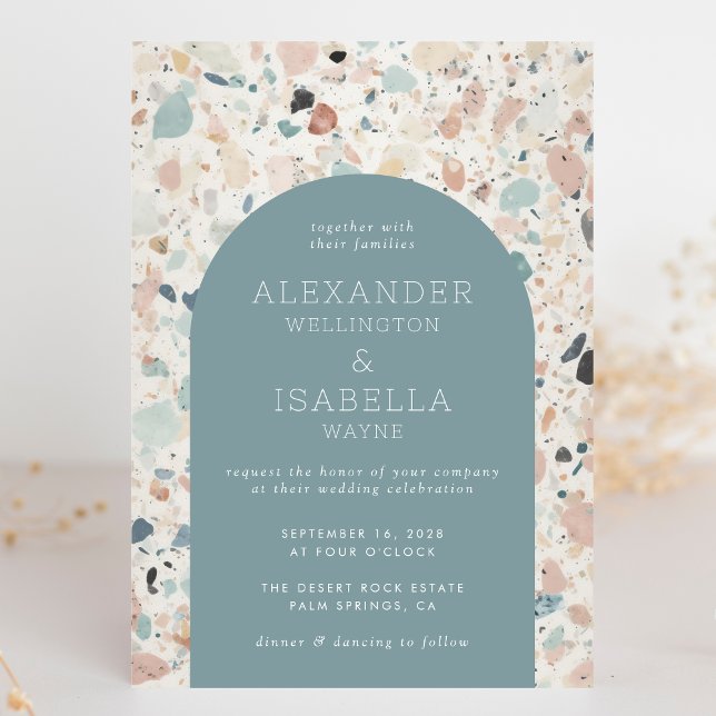 Convites Casamento Retro-Arch Terrazzo Pastel Turquoise (Criador carregado)