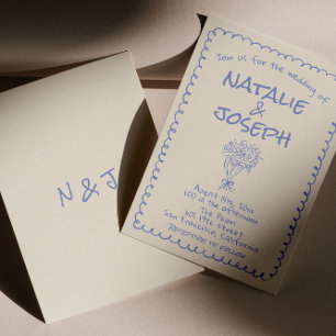 Convites Casamento retrô azul desenhado à mão escrito funky