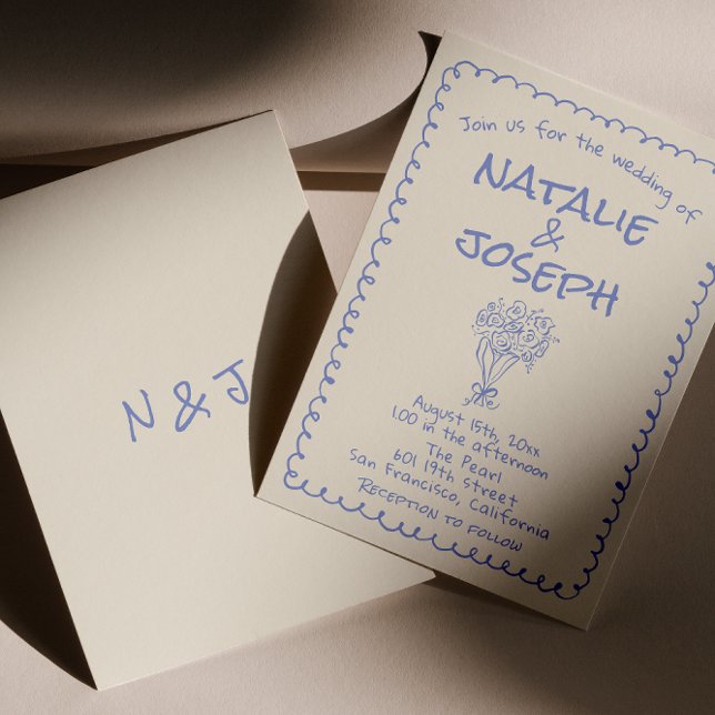 Convites Casamento retrô azul desenhado à mão escrito funky (Criador carregado)