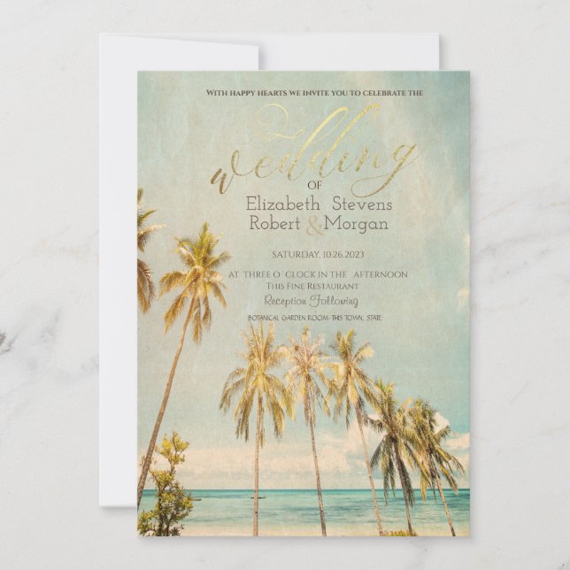 Convites Casamento Retro Beach Palms (Frente)