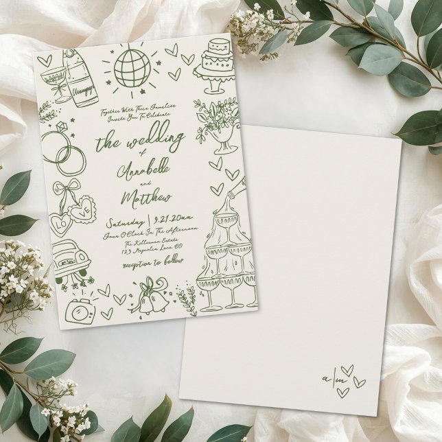 Convites Casamento Retrô Caprichoso Desenhado à Mão (Hand Drawn Whimsical Retro Wedding Invitation)